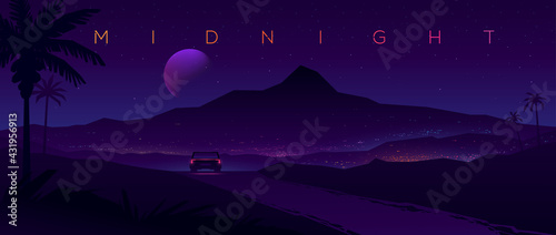 Tropical journey. Car rides towards the city. Night landscape with silhouettes of mountains and sky with stars
