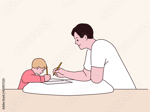 A father educates his son. The boy is sitting at the desk holding a pencil. Family Love Parenting Teaching Drawing Togetherness Concept . Hand drawn style vector design illustrations.