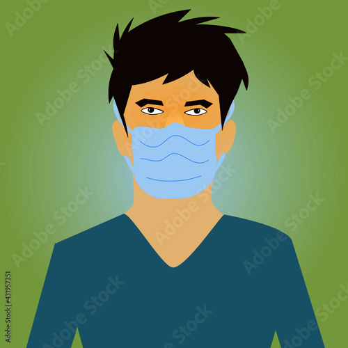 Masked man wearing a mask during Covid 19 Pandemic.