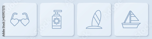 Set line Heart shaped love glasses, Surfboard, Sunscreen spray bottle and Yacht sailboat. White square button. Vector