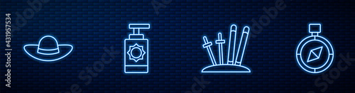 Set line Ski and sticks, Elegant women hat, Sunscreen spray bottle and Compass. Glowing neon icon on brick wall. Vector