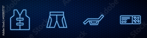 Set line Sunbed and umbrella, Life jacket, Short or pants and Airline ticket. Glowing neon icon on brick wall. Vector