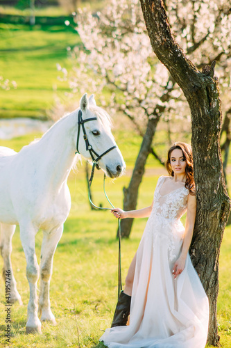 Bride in white dress stands near horse and holds it by reins in spring blooming garden.