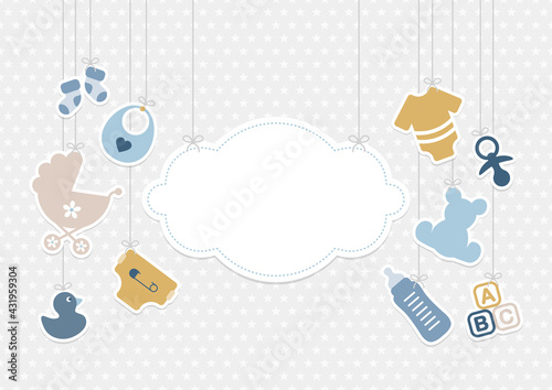 Karte Hängende Wolke Und Babysymbole Junge Retroblau Senfgelb Sterne Grau