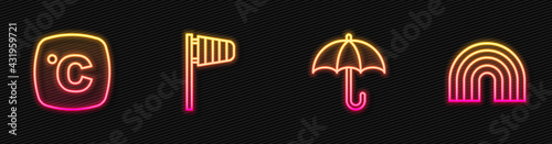 Set line Umbrella, Celsius, Cone windsock wind vane and Rainbow. Glowing neon icon. Vector