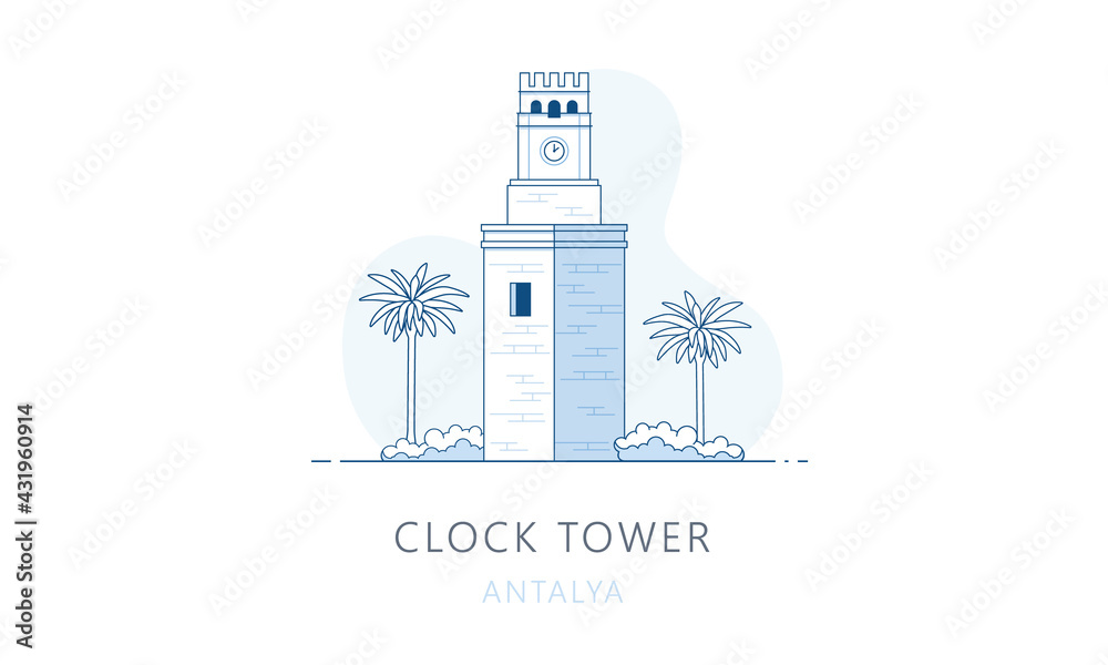 Obraz premium Clock tower, Antalya, Turkey. The famous landmark of Antalya, tourists attraction place, skyline vector illustration, line graphics for web pages, mobile apps and polygraphy.