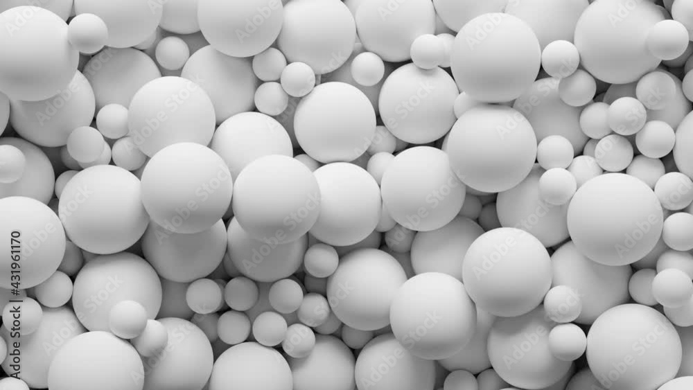 White Balls Falling from all sides, Transition with alpha channel. Spheres Filling Empty Space and fly away in different directions, 3D rendering.
