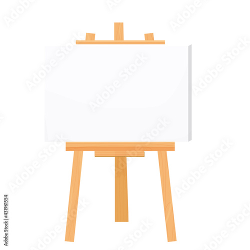 Wooden easel empty blank paper mock up in cartoon style isolated on vector white illustration. Artist equipment, advertising board.