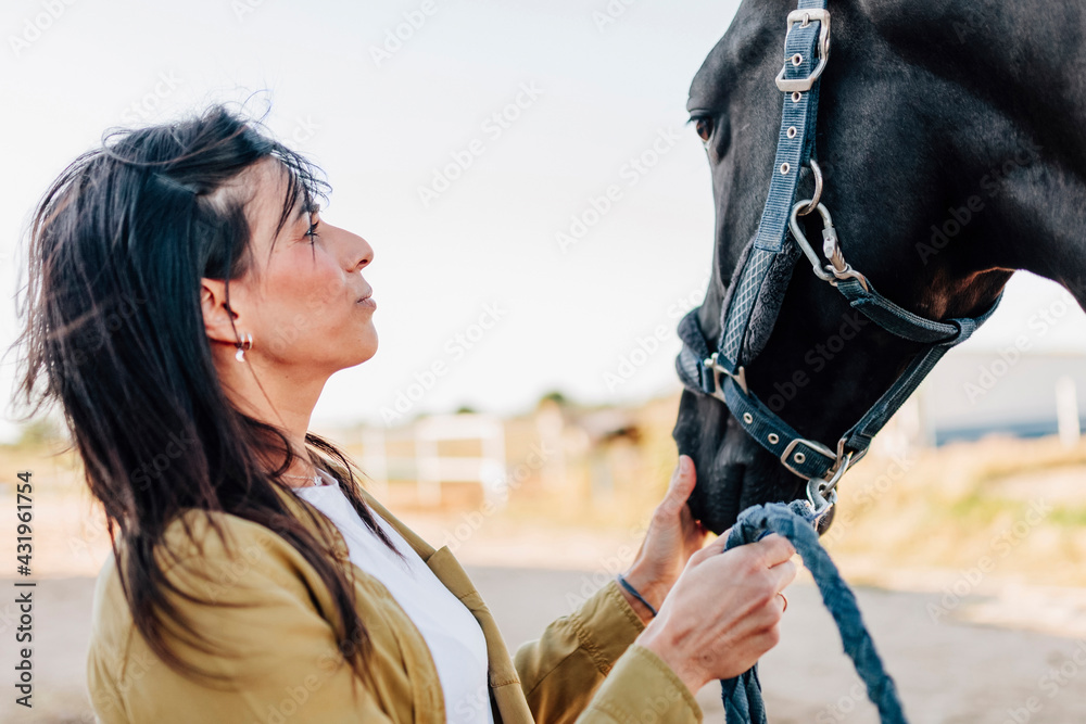 Velilla de San Antonio, Madrid, Spain. Woman looking after and walking her horse in the countryside. Velilla de San Antonio, Madrid, Spain. Woman looking after and walking her horse in the countryside.