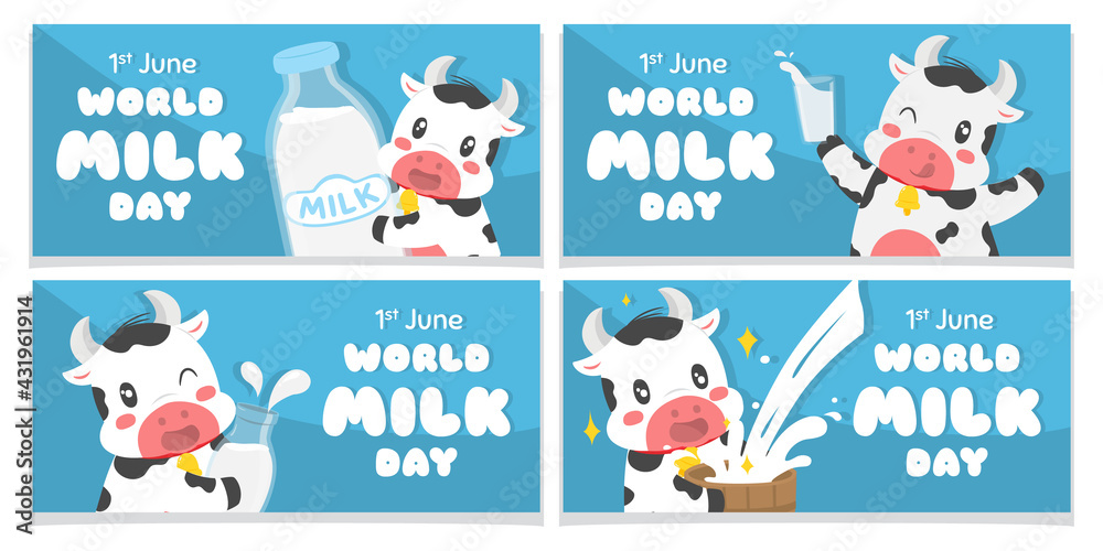Cute cow World Milk Day banner vector set Cute cow World Milk Day banner vector set