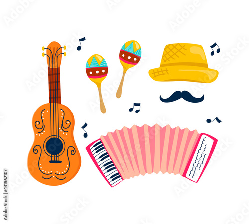 Festa Janina musical instruments set. Vector illustration of guitar, accordion, moroccas, hat and mustache isolated on white background.