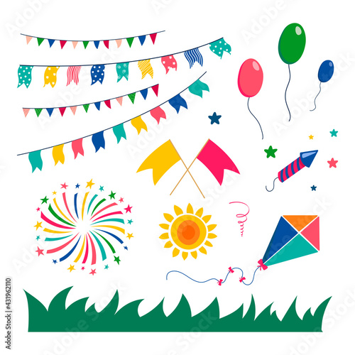 Set for Festa Janin. Set of design elements for the Brazilian national festival. Fireworks, balloons, flags and garland. Vector illustration
