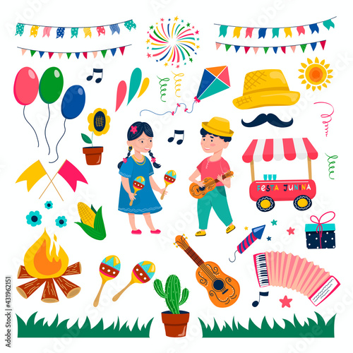 Festa Janina set. Vector collection of elements for the national Brazilian festival.