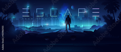 Futuristic cyberpunk illustration. Neon city background. Сar on the background of the shining metropolis photo