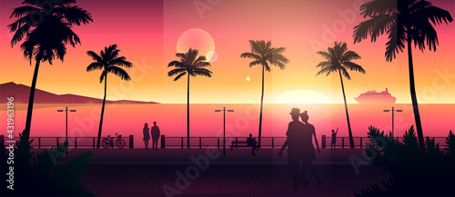 Wide view of the evening city beach with walking people silhouettes