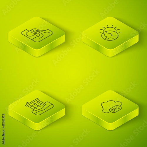 Set Isometric line Global warming, House flood, CO2 emissions cloud and Wastewater icon. Vector