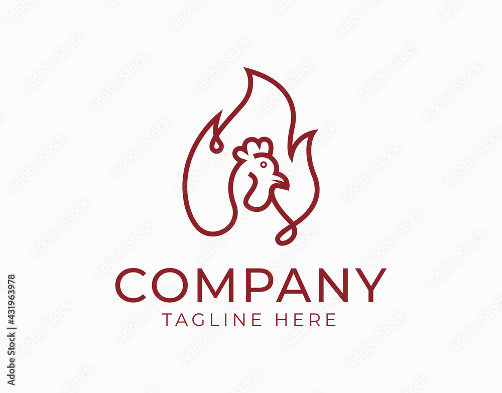 Fire Chicken Logo Design Template. Restaurant Icon Line Art Vector ...