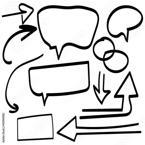 Speech bubbles and arrows set with different hand drawn shape isolated on white background.