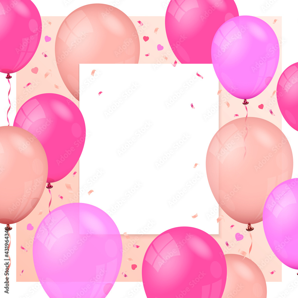 Background with flying air balloons, paper banner and confetti particles.