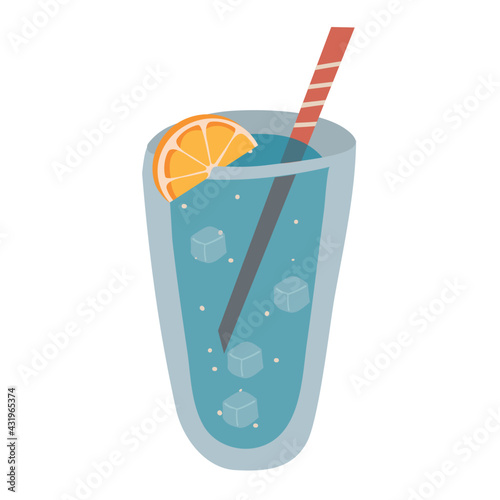 glass of water, orange, and ice. A refreshing drink. Vector illustration in cartoon style. Isolated on a white background