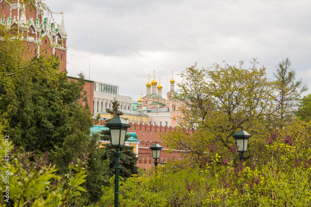 view of the Alexander Garden with its beautiful green trees and red brick Kremlin wall on a cloudy spring day and space to copy. Concept-a famous place in Moscow Russia
