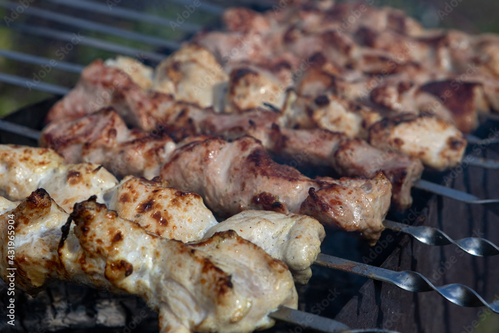 Lump meat is fried on skewers over an open fire.Cooking shish kebab in nature.Delicious hot grilled meat.Rest in good weather in the country.Metal rectangular grill.Smoke from the brazier.Picnic