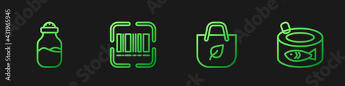 Set line Shopping bag with recycle, Spice can, Scanner scanning bar code and Canned fish. Gradient color icons. Vector