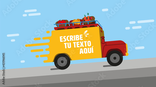 Vector Chiva Colombia. Vehículo transportando vegetales.  Dibujo de camión amarillo y rojo en carretera.