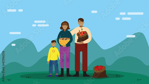 Vector familia campesina con canasta de vegetales en la naturaleza. Madre, padre y niño en el campo.