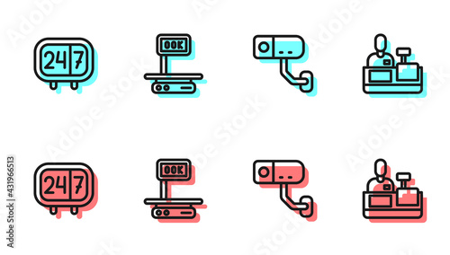 Set line Security camera, Clock 24 hours, Electronic scales and Cashier at cash register icon. Vector