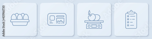 Set line Chicken egg in box, Electronic scales for product, Identification badge and Shopping list. White square button. Vector