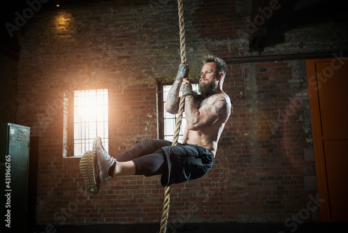 Determinant sportsman climbing rope in gym photo