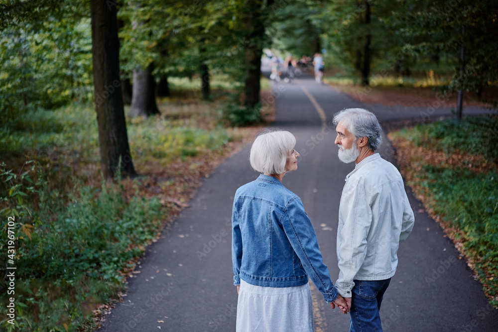 Fototapeta premium Senior family couple walking together at summer park.