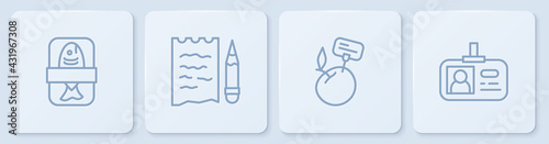 Set line Fish plastic tray container, Supermarket food products with price label, Shopping list and pencil and Identification badge. White square button. Vector