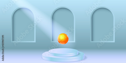Minimal product display background. Platform and 3d studio  presentation podium.  Mock up Stage. Realistic stage with round pedestal  golden sphere and spotlight beam