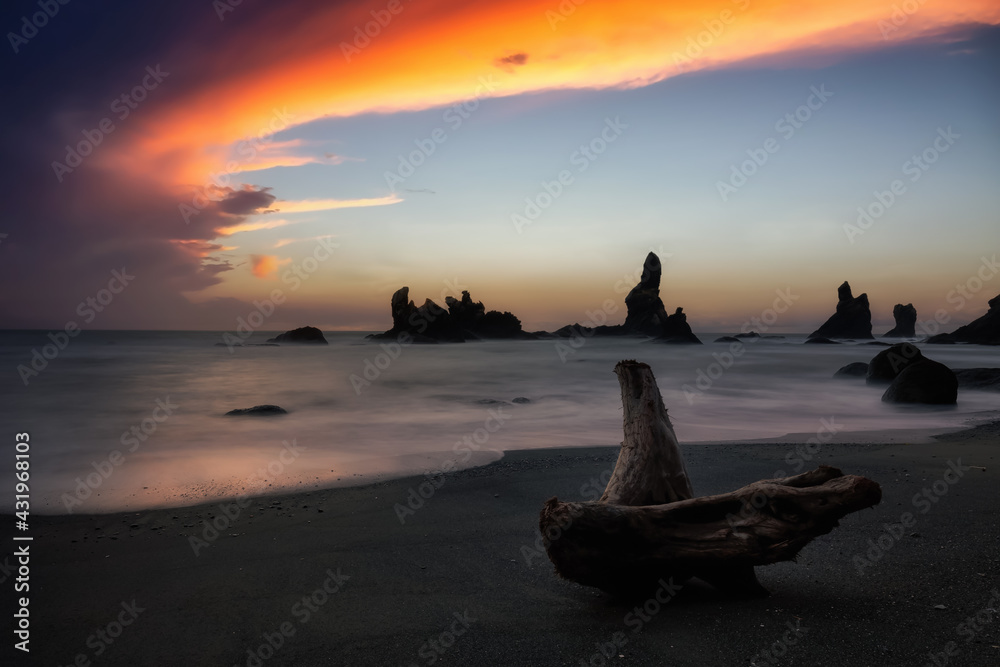 View of a scenic landscape at the Ocean Coast. Taken at Shi Shi Beach in Neah Bay, West of Seattle, Washington, United States of America. Colorful Sky Art Render