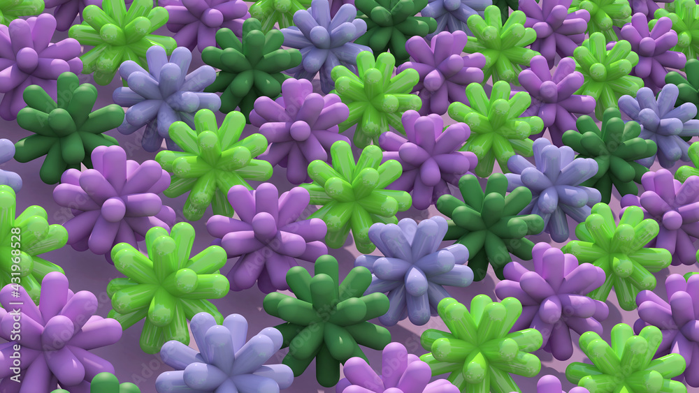 Purple and green abstract shapes. Hard light, close-up. 3d render.