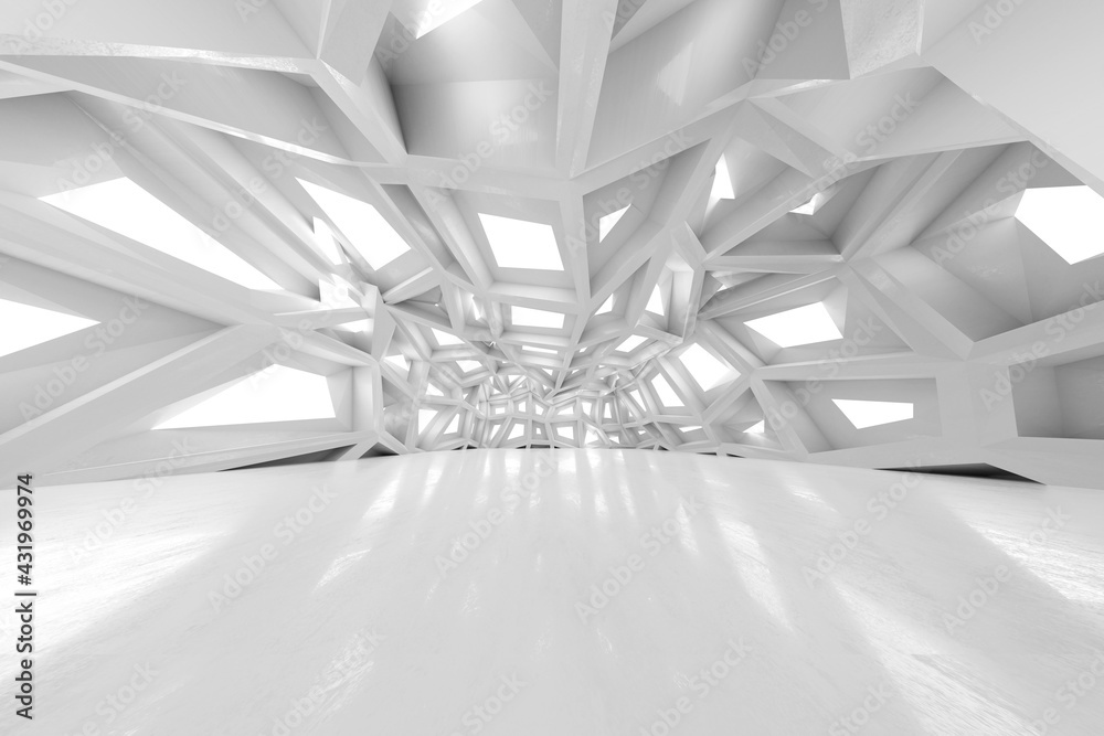 Three dimensional render of clean white futuristic interior