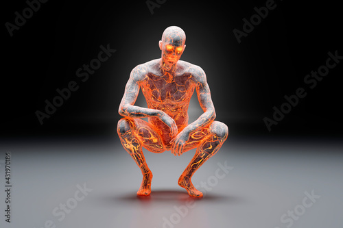 3D illustration of crouching character made out of concrete and flowing fire energy