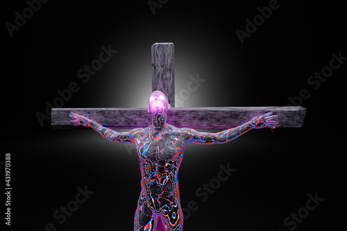 3D illustration of character symbolizing crucified Jesus made of energy and concrete
