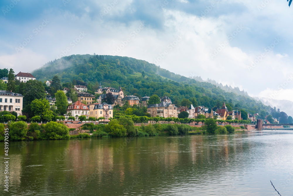 Neckar river with Neuenheim, Philosopher's way and the Schleuse, Heidelberg, Germany Neckar river with Neuenheim, Philosopher's way and the Schleuse, Heidelberg, Germany
