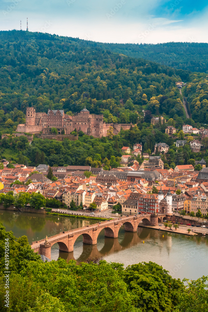 View of Castle and palace of Heidelberg and the old town beneath it from above , Heidelberg, Germany
