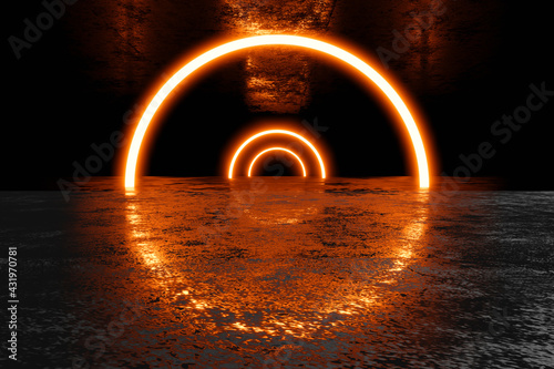 Three dimensional render of dark environment illuminated by red glowing arches photo