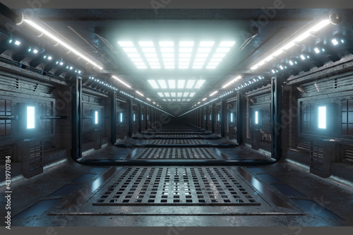 Three dimensional render of futuristic corridor inside spaceship or space station