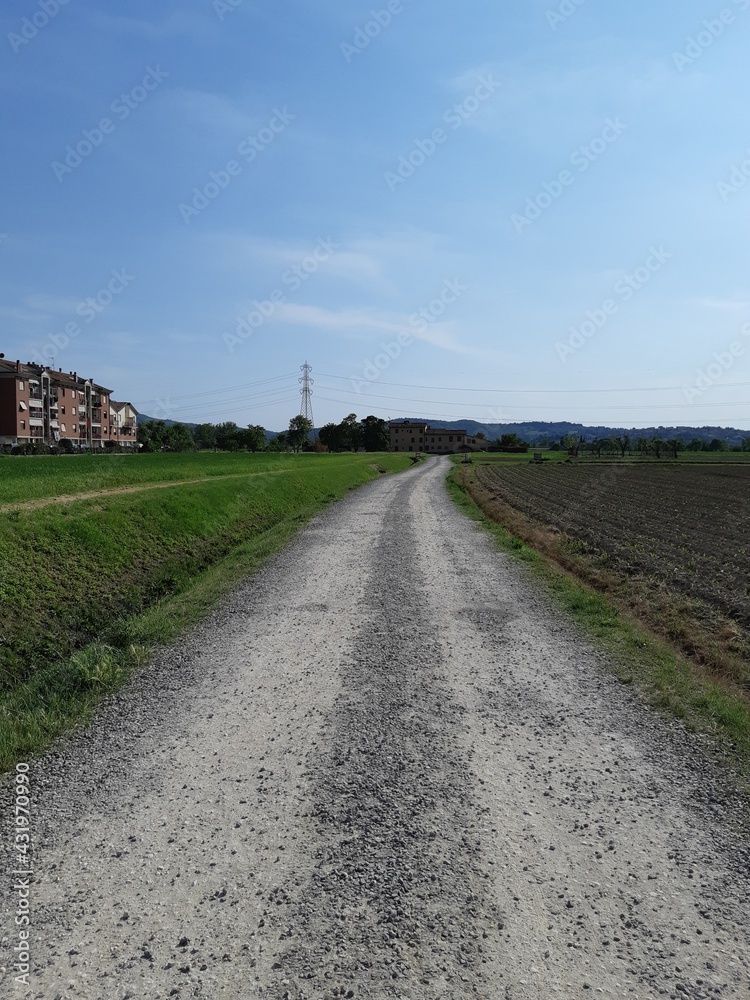 Dirt path in the middle of the countryside with village in the background