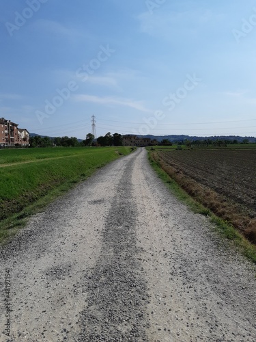 Dirt path in the middle of the countryside with village in the background