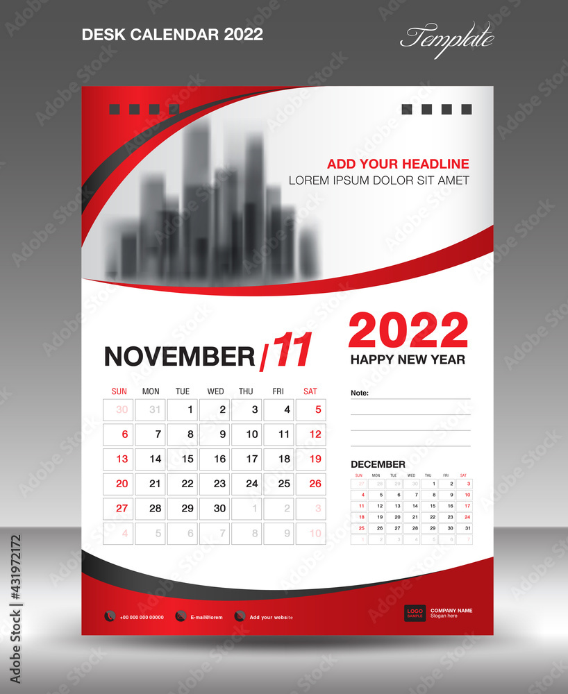 Desk calendar 2022 template, November month design, Wall calendar ...