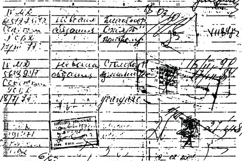 Grunge texture of an old invalid unreadable document. Monochrome table background with illegible handwritten notes, marks and stamps. Overlay template. Vector illustration