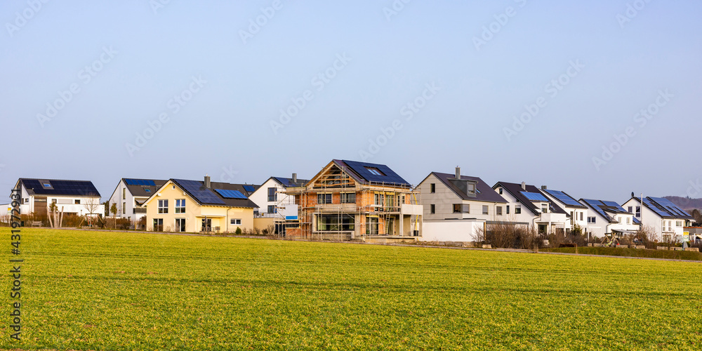 Germany, Baden-Wurttemberg, Waiblingen, Panorama of modern energy efficient suburb houses