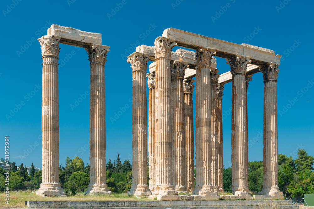 Greek Olympian Zeus temple, landscape with ancient ruins in Athens, Greece